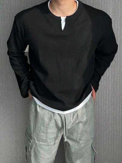 DAZY 男士黑色拼接领口和下摆T恤，二合一设计，秋季