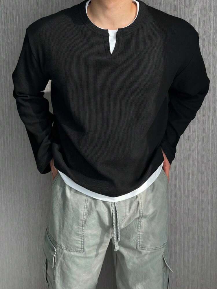 Men's Black T-Shirt With Pieced Collar And Hem, Designed As 2 In 1, Autumn