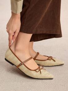 Rosivie 女式复古编织尖头平底鞋，带蝴蝶结扣，休闲度假风格乐福鞋