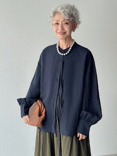 FRIFUL 女士圆领灯笼袖蝴蝶结装饰长袖纯色衬衫，春秋季藏蓝色衬衫，端庄上衣，亚麻服装，适合成熟女性，日式风格服装