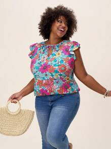 Comfylo Blusa de manga corta con estampado floral colorido de estilo bohemio para mujer de talla grande, ideal para primavera, festivales y estilo "Old Money" - Multicolor - Ver 5