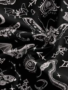 ROMWE Goth 哥特神秘黑暗学院骷髅、渡鸦、十字架、星星、飞蛾、蛇、星座、眼睛、月亮图案宽松阔腿黑色大码女裤 - 黑色 - 查看 3