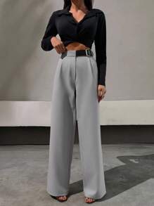 EURMUSE Elegant Style, Half Faux Leather Belt Detailed Straight Fit Pant - Grey - View 6