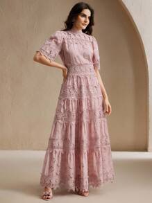 Anewsta Women's Hollow Collar Puff Sleeve Lace Patchwork Cinched Waist Long Dress, Elegant Vacation Style