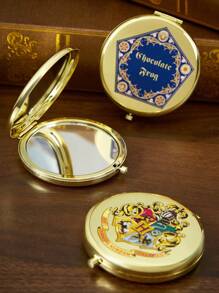 HARRY POTTER X SHEIN 图形圆形金色便携式折叠镜，普通镜子和 2 倍放大镜，高清镜面玻璃，方便检查妆容，适合学生、办公室职员、女性和男性、格兰芬多、拉文克劳、巧克力蛙、死亡圣器 - 金色 - 查看 2