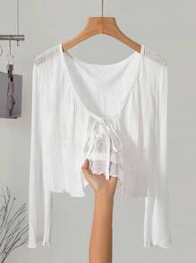 INAWLY Casual Solid Color Front Tie Semi-Sheer Cardigan Fall Winter Cloth For Women