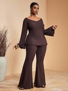 Veslaya 2025 春夏新款非洲度假女装，露肩休闲度假优雅海岛度假派对鸡尾酒通勤日常穿着，纯棕色高弹纹理上衣和松紧腰喇叭裤两件套，加大码 - 棕色 - 查看 4