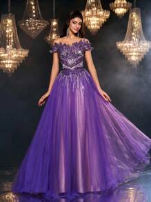 Glamrae 优雅奢华串珠花卉亮片拼接网眼大摆露肩连衣裙，适合婚礼、派对、舞会、度假、舞会、正式场合（重型设计） - 紫色 - 查看 2