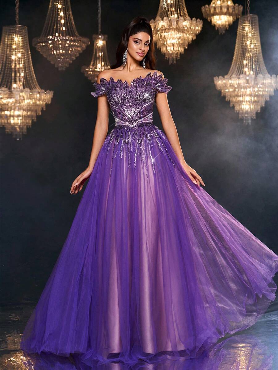 Glamrae 优雅奢华串珠花卉亮片拼接网眼大摆露肩连衣裙，适合婚礼、派对、舞会、度假、舞会、正式场合（重型设计）