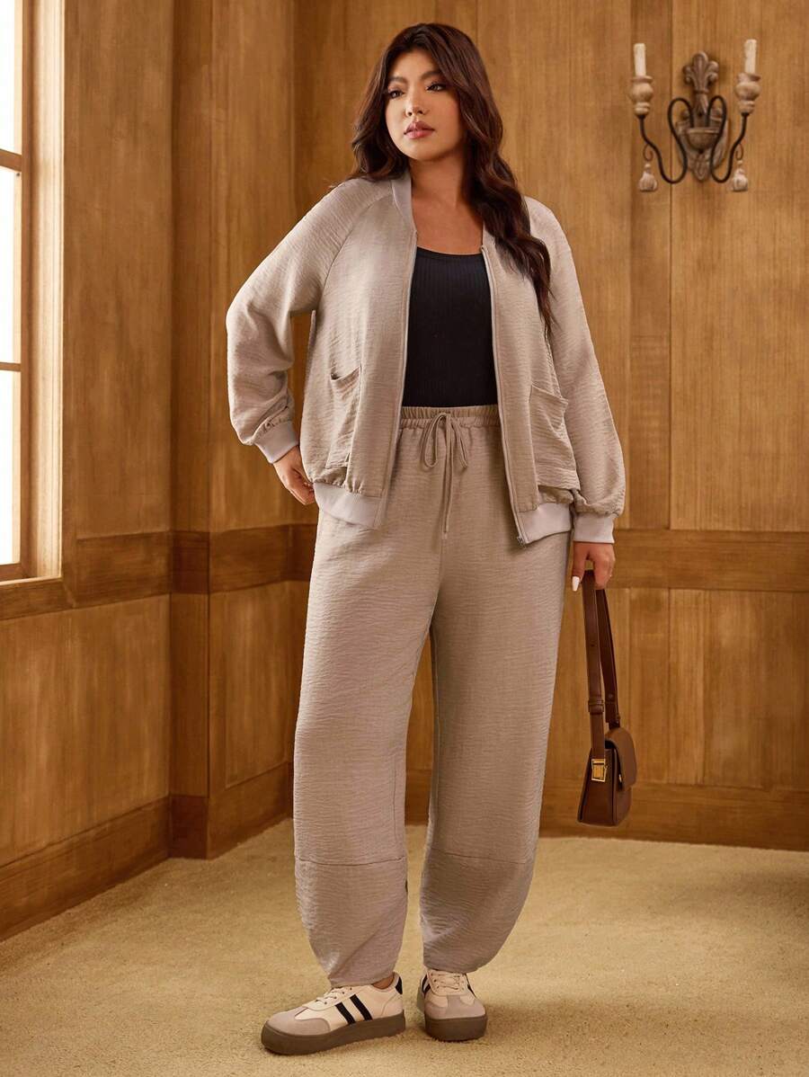 SHEIN LUNE Conjunto informal de 2 piezas de talla grande: chaqueta de manga larga y pantalón de unicolor - Albaricoque - Ver 1