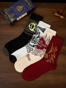 HARRY POTTER X SHEIN 4 Paar weiche und atmungsaktive, feuchtigkeitsableitende Lässig Herren Crew Socken mit modischen schwarz-weißen Crew Socken, verstärkte Zehenpartie und Ferse für Haltbarkeit, Unisex für Herren und Damen, Ganzjahresmodell, alles passend