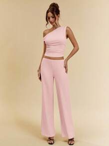 SHEIN BAE 2 chiếc áo len dệt kim bất đối xứng màu cà phê mùa hè cho nữ và quần ống rộng túi dệt kim thoải mái, phù hợp cho các buổi đi chơi thời trang, kỳ nghỉ ở bãi biển, kỳ nghỉ ở Ý, đi chơi, trang phục du ngoạn, trang phục ăn trưa, trang phục Ibiza, bộ mùa hè - Màu Hồng  San hô - Xem 3