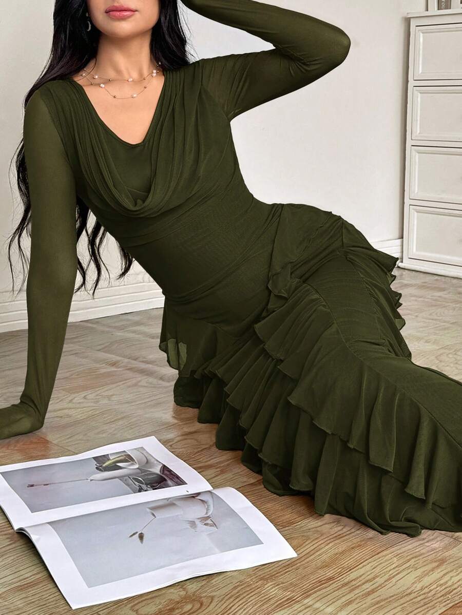 Modelyn 女式弹力网眼荷叶边领修身优雅长裙，春夏 - 墨綠色 - 查看 1