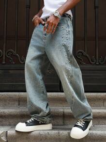 PAVTROS Jeans de pierna ancha y larga con lavado medio para hombres con detalles decorados para un estilo casual, jeans con rhinestones - Azul lavado medio - Ver 5