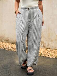 Elaquor 秋季大码女式条纹百搭百搭直筒金属纽扣西装裤 - 杏色 - 查看 1