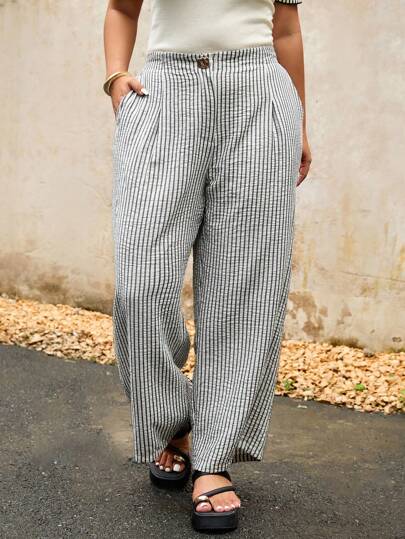 Elaquor 秋季大码女式条纹百搭百搭直筒金属纽扣西装裤