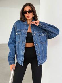 EURMUSE Women's Long Sleeve Single-Breasted Patch Pocket Loose Casual Denim Jacket Womens Denim Jacket Oversized Denim Jacket Jean Jacket Plus Size Jean Jacket Womens Jean Jacket Plus Size - Medium Wash - View 4