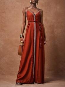 Zivah 2025 Sommer Neue Urlaubs-Rot-Braun Träger Wickel Rückenfreies Träger Damen Maxikleid, Urlaub, Boho, Reise, Party, Tägliche Reise, Abschlussfeier, Flughafen-Outfit, Brunch-Outfit, Nomadischer Retro Stil-A