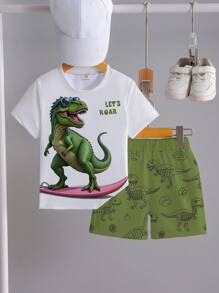 SHEIN Playful Pals 2pcs Young Boys Casual Adorable Cartoon Set, T-Shirt With Surfing Dinosaur & "LET'S ROAR" Print, Shorts Covered In Dinosaur Sketches, Short Sleeve T-Shirt And Shorts Set Suitable For Daily Play, Spring/Summer Casual Outfit - Multicolor - View 3