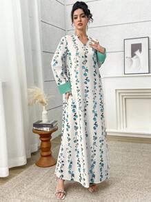 Yasmyna 女式花卉印花 V 领长袖阿拉伯风格长裙 - 藍色 - 查看 5