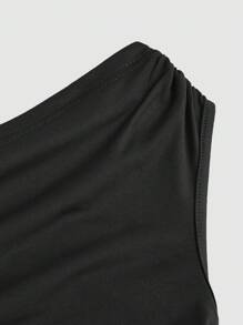 Sweetra 女士优雅通勤不对称领纯色短款连衣裙 - 黑色 - 查看 3