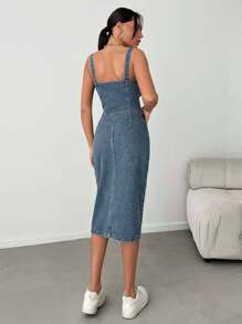 EURMUSE Slant Pocket Button Front Overall Denim Midi Dress - Light Wash - View 2