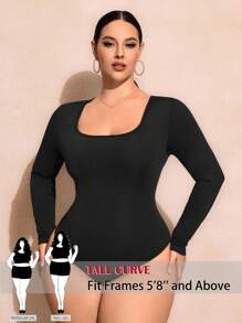 SHEIN Tall CURVE 大码休闲纯色圆领紧身衣 - 黑色 - 查看 1