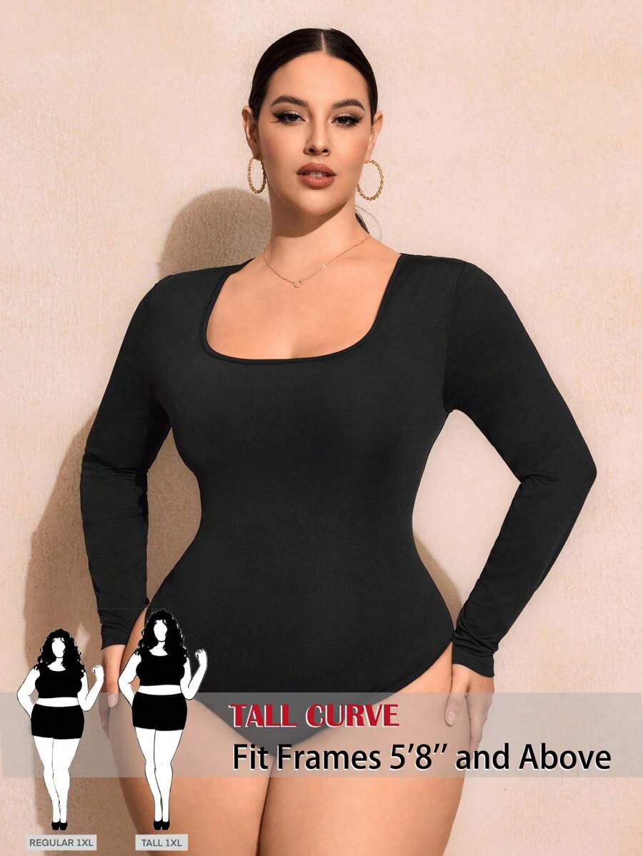 SHEIN Tall CURVE 大码休闲纯色圆领紧身衣 - 黑色 - 查看 1