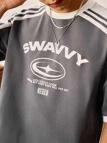 SWAVVY 男士夏季休闲宽松撞色印花翻边短袖T恤 - 灰色 - 查看 6