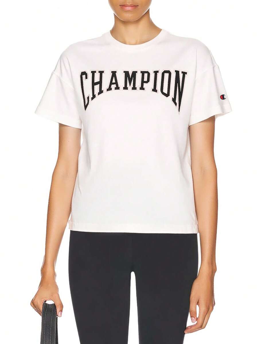 Champion 女士字母印花圆领落肩休闲T恤，适合夏季 - 白色 - 查看 1