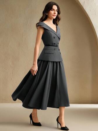 Anewsta Novo vestido midi cinza elegante com ombros de fora e cintura marcada, traje de negócios