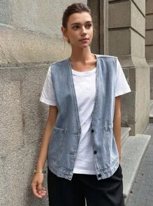 DAZY Women's Deep V Single-Breasted Pocket Loose Casual Denim Vest Women Vest Vest Shirt Jeans Vest Denim Waistcoat - Blue - View 4
