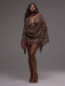 Musera Resort 超大围脖前长袖纹理图案钩针条纹迷你连衣裙波西米亚风节日度假沙滩装夏季度假可爱优雅伊维萨岛