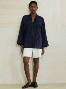 Aveloria Modichic Chic Long Sleeve Shirt With Drawstring Decor At Front & Cuffs Fall Cloth For Women - Navy Blue - View 5