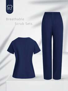 TaskEZ Uniform Set: V-Neck Short Sleeve Tailored Blouse And Drawstring Straight Leg Casual Pants, Scrub Sets