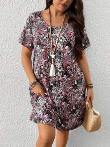 EMERY ROSE 大码女式夏季度假风格拼布印花短袖宽松休闲连衣裙