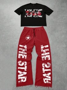 Manfinity Roghcode Manfinity Streetrush Pakaian Streetwear Pria Hitam dan Merah 2pcs Set, Kaos Lengan Pendek Crop dengan Motif Gambar & Huruf & Celana Panjang Lebar Tema Liburan Kota Musim Panas - MultiWarna - View 3
