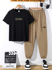 SHEIN 2pcs Tween Boy Black Summer Casual City Break Soft Letter Graphic Tee & Elastic Waist Cargo Pants Set,Sporty Comfortable Versatile Outfit For School - Khaki - View 3