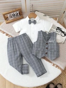 2pcs Boys Casual Suit Set, Including Striped Vest And Matching Suit Pants, Black And White Color Clash Gives A Refreshing Look, Accented With Amber-Color Double-Breasted Buttons On The Vest, Suitable For Birthday Party, Gathering, Performance, And Daily Outings Fall Winter