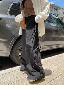 DAZY Women's Solid Color Elastic Waist Side Tie Front Pleated Loose Wide Leg Casual Pants Sweatpants - Black - View 4