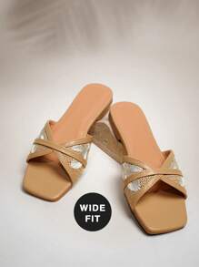 SHUZIA 女式宽版时尚舒适草编拉菲草带平底凉鞋 - 米色 - 查看 6