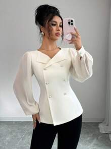 Elenzga Áo khoác mỏng chắp vá họa tiết hoa mai thanh lịch cho nữ - Màu be - Xem 1