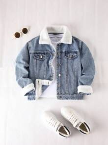 SHEIN Pre-Teen Boys' Vintage Blue Washed Relaxed Fit All-Match Denim Jacket With Faux Fur Collar & Lining, Simple & Fashionable Versatile Casual Outerwear Suitable For Autumn & Winter Fall - Medium Wash - View 3