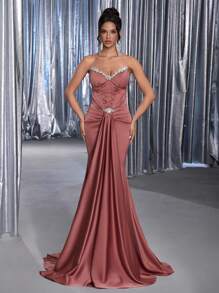 Glamrae 优雅奢华玫瑰棕色缎面手工钻石装饰系带细节鱼尾长裙女式正式晚宴晚礼服 - 棕色 - 查看 6