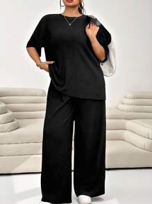 Solflare Plus Size Women Summer Solid Color Round Neck Drop Shoulder Blouse And Wide Leg Pants Casual 2 Pieces Set,Business Casual Woman,Back To School - Black - View 7