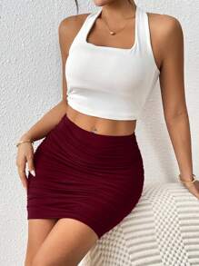 SHEIN Unity Chân váy ngắn ôm sát eo cao xếp ly màu trơn dành cho nữ, màu đỏ tía. - Màu Đỏ Sâu - Xem 4