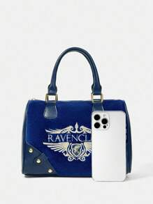 HARRY POTTER X SHEIN Letter Embroidery Fashion Elegant Blue Velvet Top Handle Bag - Blue - View 3