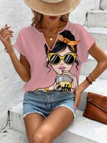 EMERY ROSE 粉色休闲简约度假风女孩印花女式衬衫，适合夏季