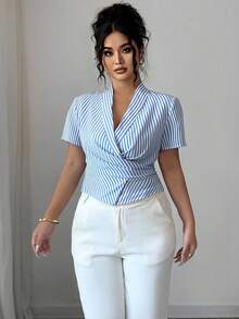 Elenzga Elegant Summer Shirt With Woven Stripes For Plus-Size Women - Blue and White - View 3