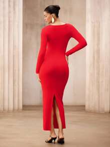SHEIN Unity Áo len bó sát gợi cảm dài tay cho nữ có thiết kế băng đô, váy maxi cạp cao màu trơn theo phong cách châu Âu và Mỹ, màu đỏ - Đỏ - Xem 3